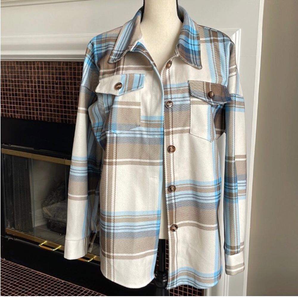 Women's Plaid Cream Brown  & Blue Button Down Shacket Size XL
